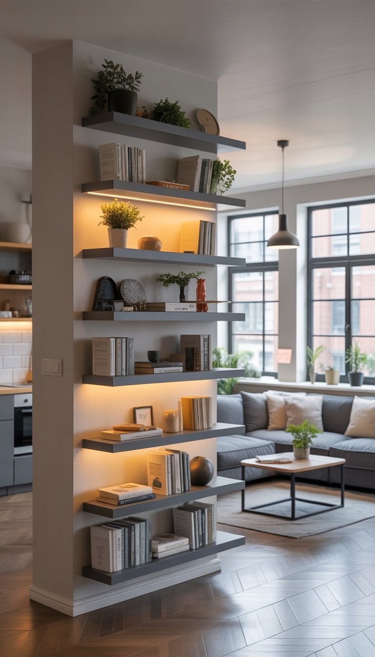 Studio apartment interior with floating shelves holding books and plants, a sofa, coffee table, and natural light from large windows.