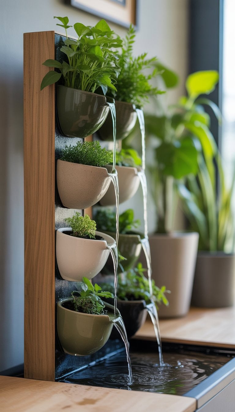A vertical arrangement of ceramic pots with green plants and flowing water creating a small fountain.