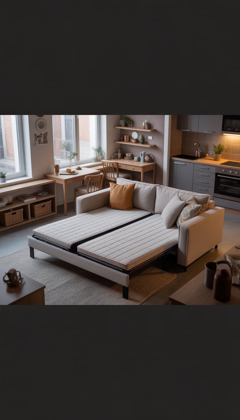 A small studio apartment with a sofa bed in the center, surrounded by compact furniture and a kitchenette in the background.