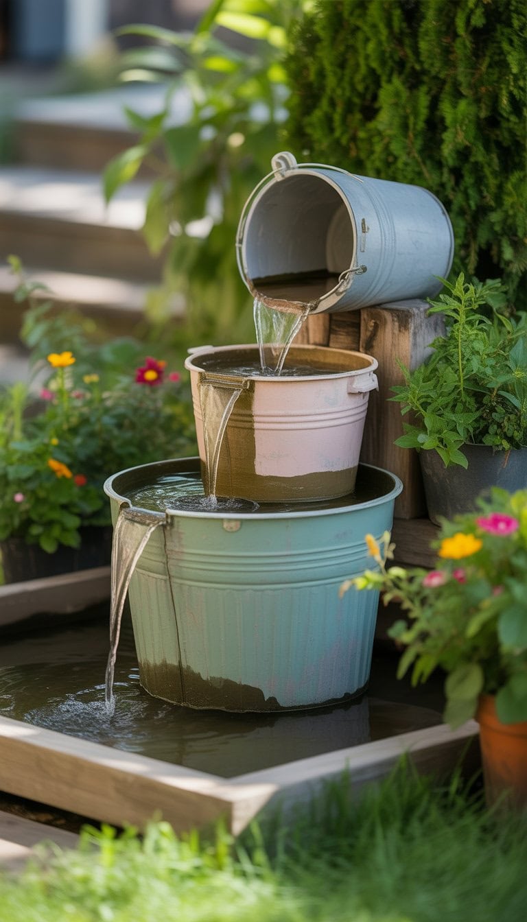 A homemade water fountain made from stacked recycled buckets with water flowing down, set in a green garden with plants and flowers.