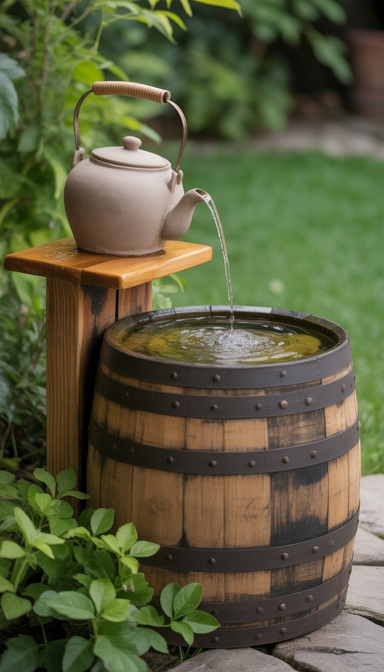 A wooden whiskey barrel water fountain with a ceramic teapot on top, water flowing from the teapot into the barrel, surrounded by green plants.