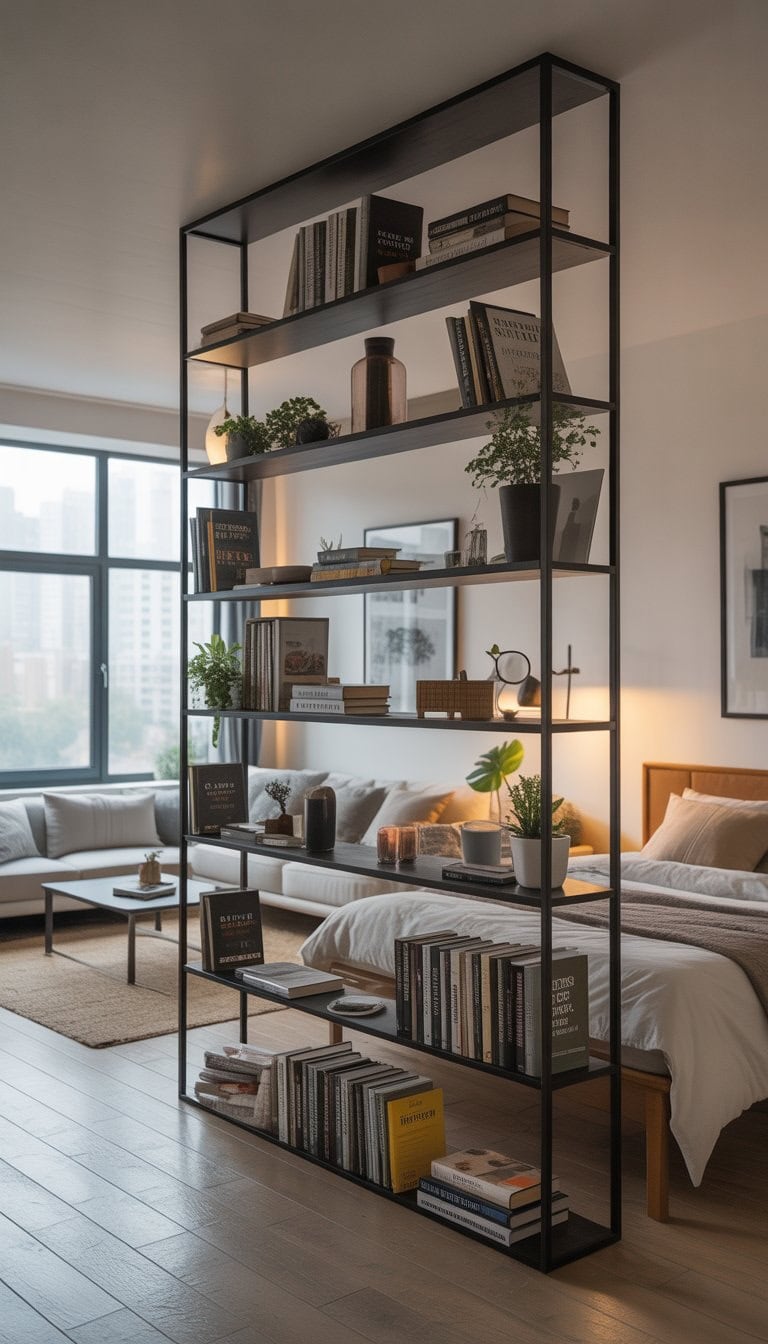 A studio apartment with a bookshelf room divider separating the bed and living area, featuring a sofa, coffee table, and natural light.
