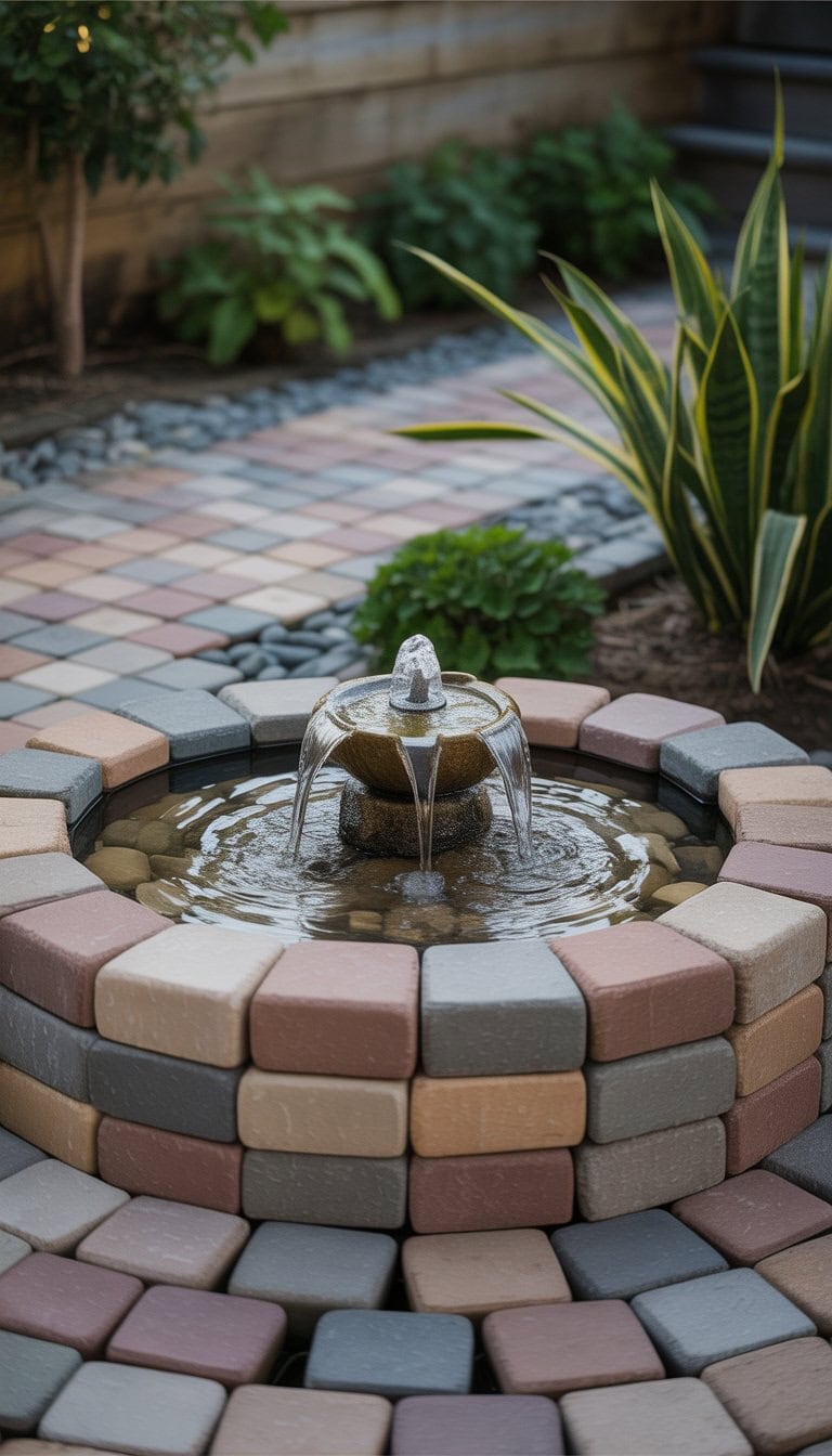 Outdoor patio area with paver stones and a homemade water fountain flowing over stones surrounded by plants.