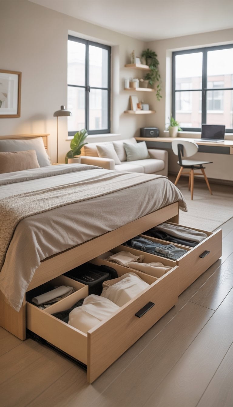 A studio apartment with a bed that has open under-bed storage drawers filled with clothes, a small sofa, desk, and shelves, all lit by natural light from large windows.