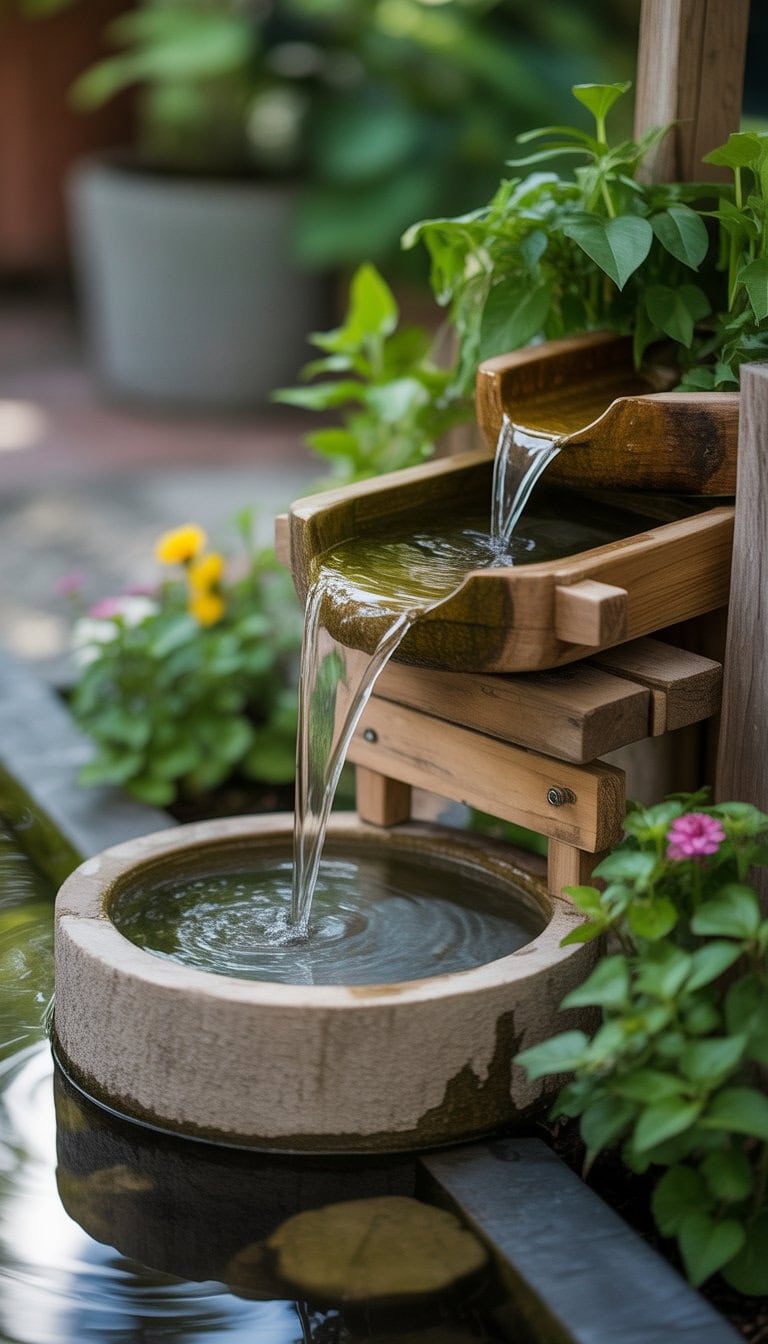 A homemade water fountain made from a tray reservoir in a garden with plants and flowers, water flowing gently into a small basin.