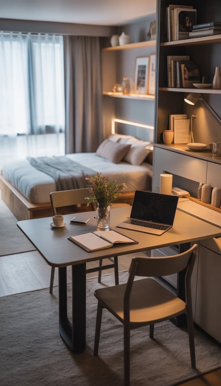 Small studio apartment with a compact dining table set up as a workspace, including a laptop and coffee cup, with a bed and shelves in the background.
