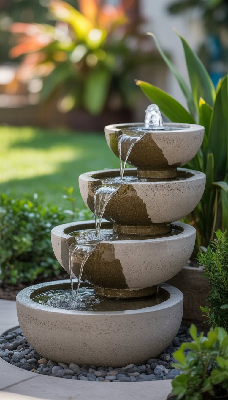 A cement water fountain with water flowing down multiple tiers in a garden surrounded by green plants and stones.
