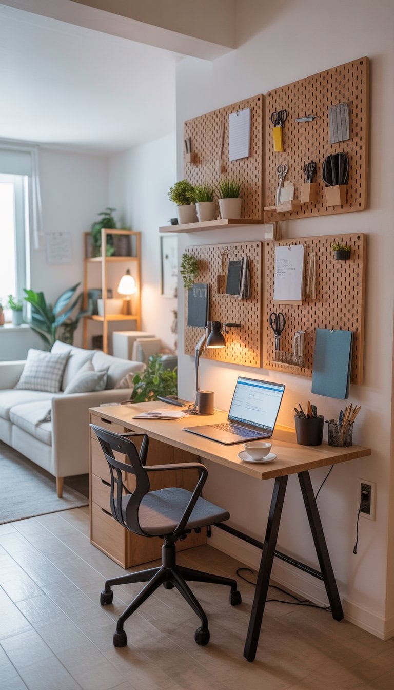 A studio apartment workspace with pegboards above the desk holding office supplies and small plants.