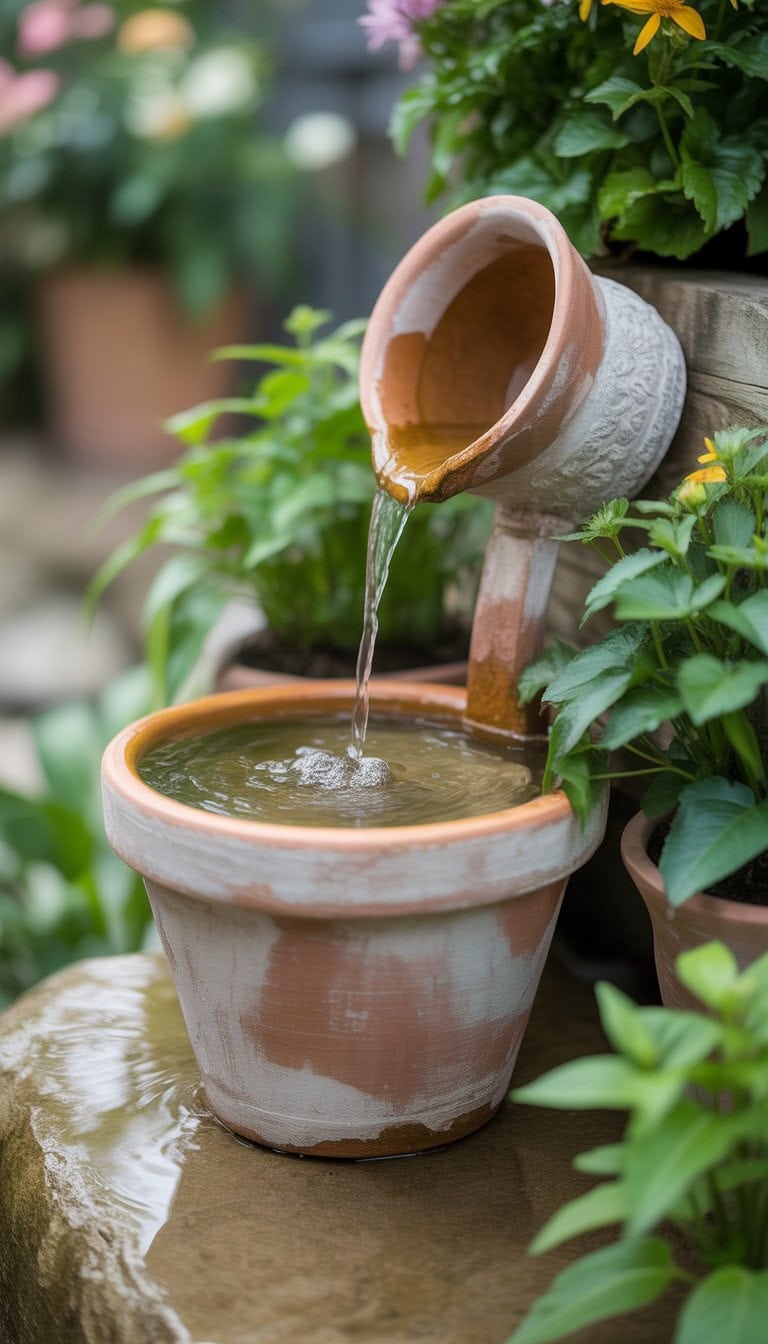 A flower pot water fountain with water flowing gently in a garden surrounded by plants and flowers.