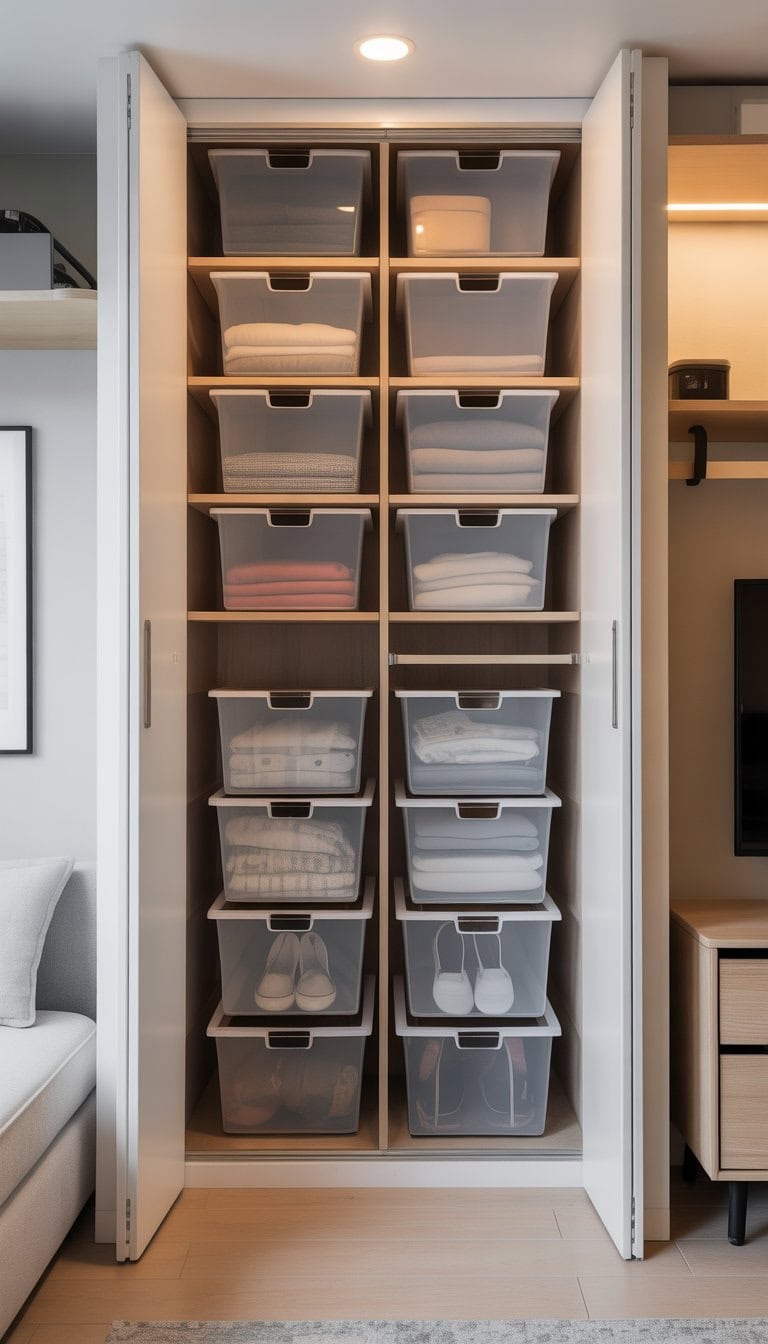 Closet with neatly stacked storage bins filled with clothes and shoes in a studio apartment.