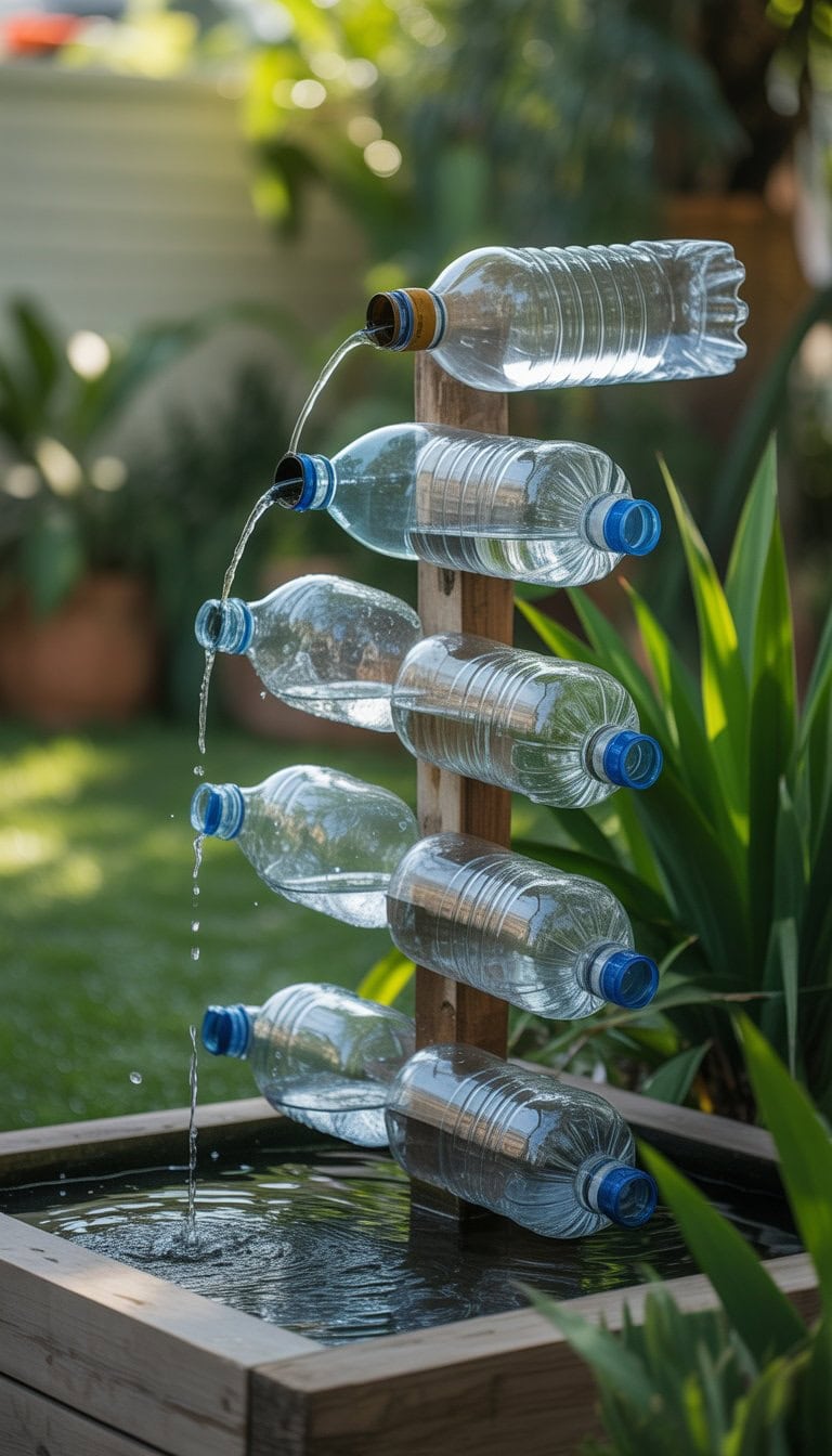 A homemade water fountain made from plastic bottles in a garden with water flowing between the bottles without electricity.