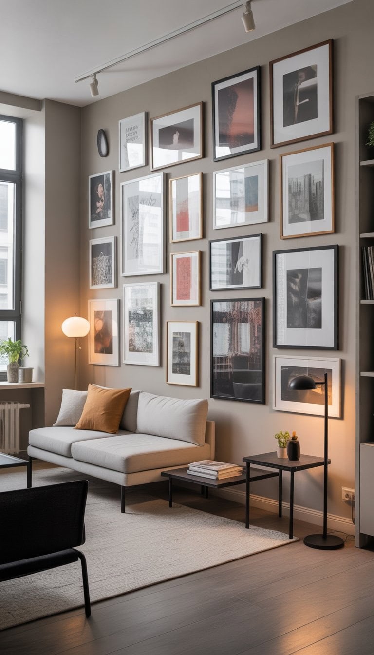 Studio apartment interior with a gallery wall of framed artwork, a sofa, coffee table, and shelving unit in a bright, organized living space.