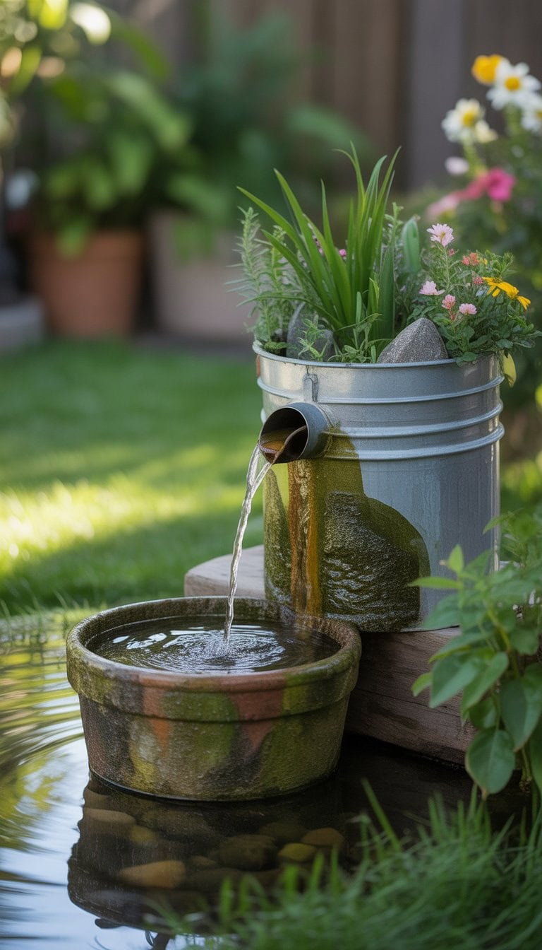 A homemade water fountain made from a 5-gallon bucket in a garden with flowing water and surrounding plants.