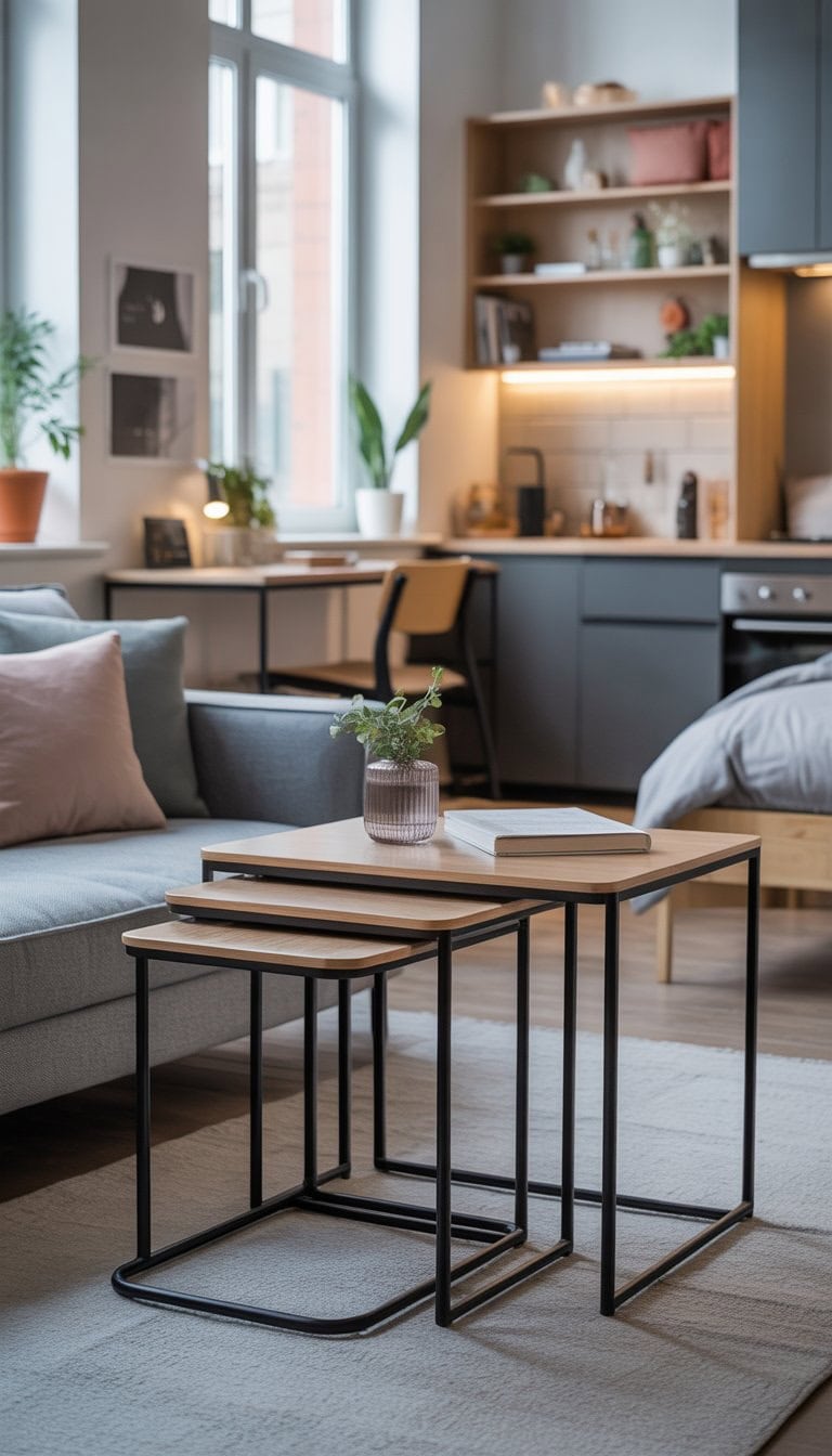 A small studio apartment with nesting tables tucked beside a sofa, showing an efficient and organized living space with a kitchenette and sleeping area.