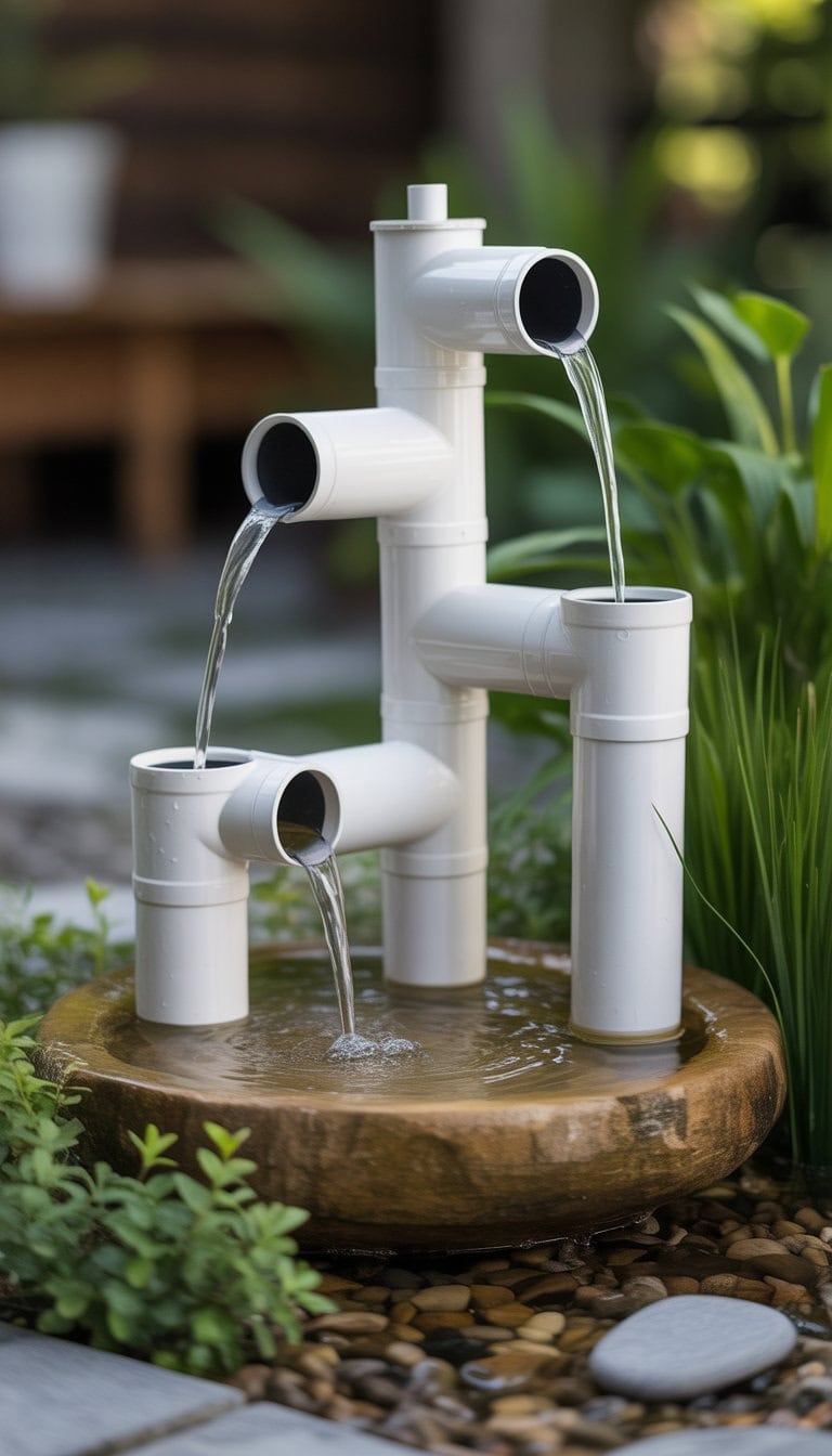A homemade water fountain made from white PVC pipes with water flowing through it outdoors surrounded by plants and rocks.