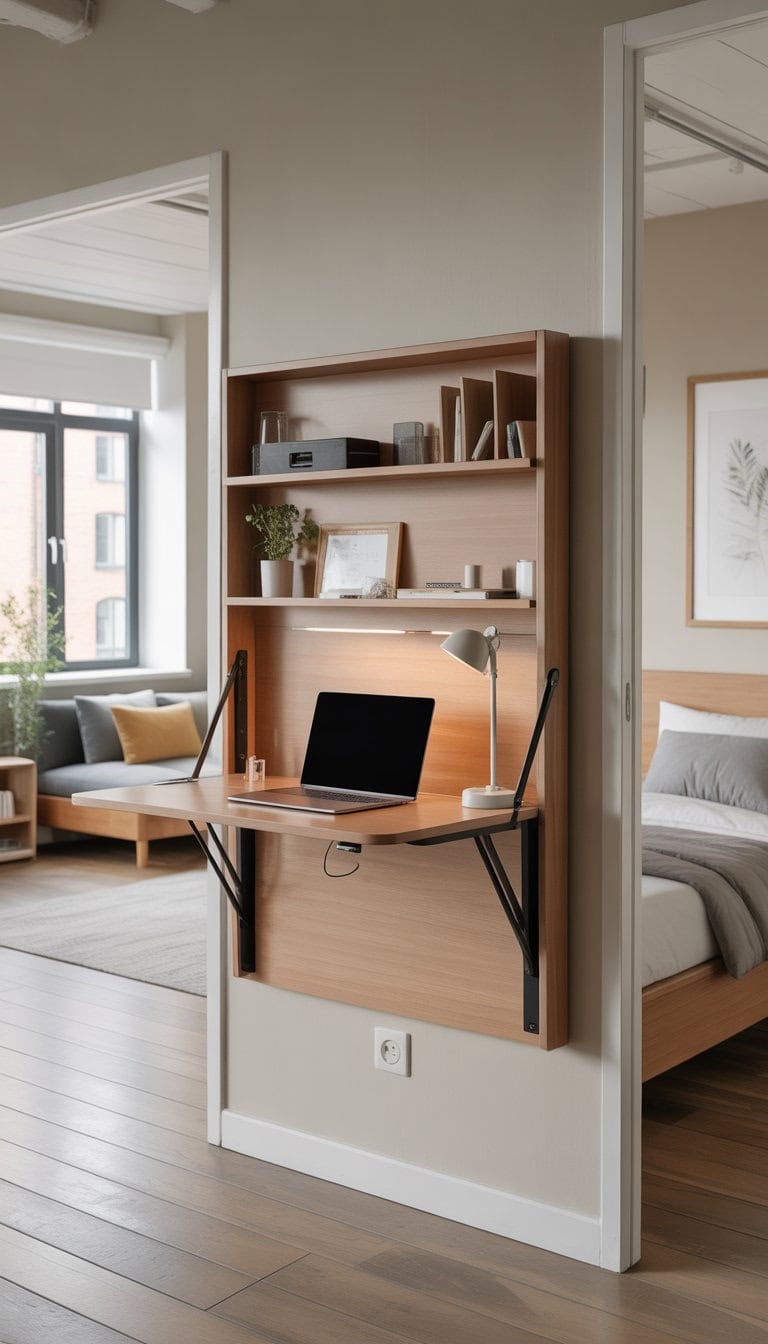 Studio apartment with a wall-mounted foldable desk set up as a compact workspace, surrounded by a sofa, bed, and storage in a bright room.