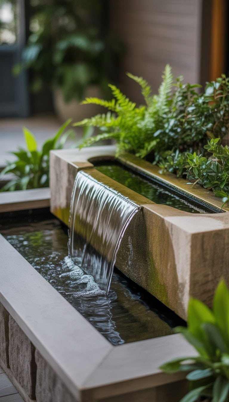 A stone planter fountain with water flowing gently over its edges surrounded by green plants in a garden.