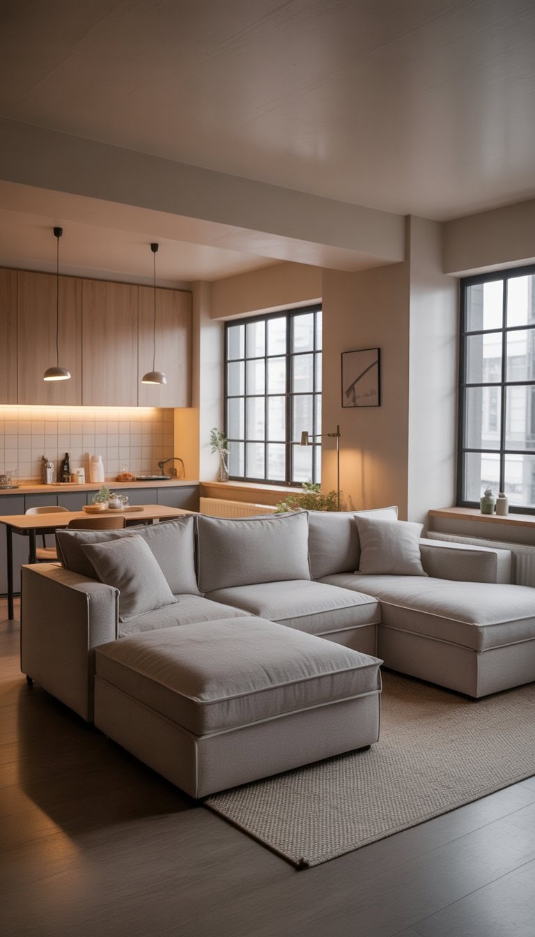 A small studio apartment with a compact sectional sofa arranged to maximize seating, featuring a cozy living area with natural light and minimalistic decor.