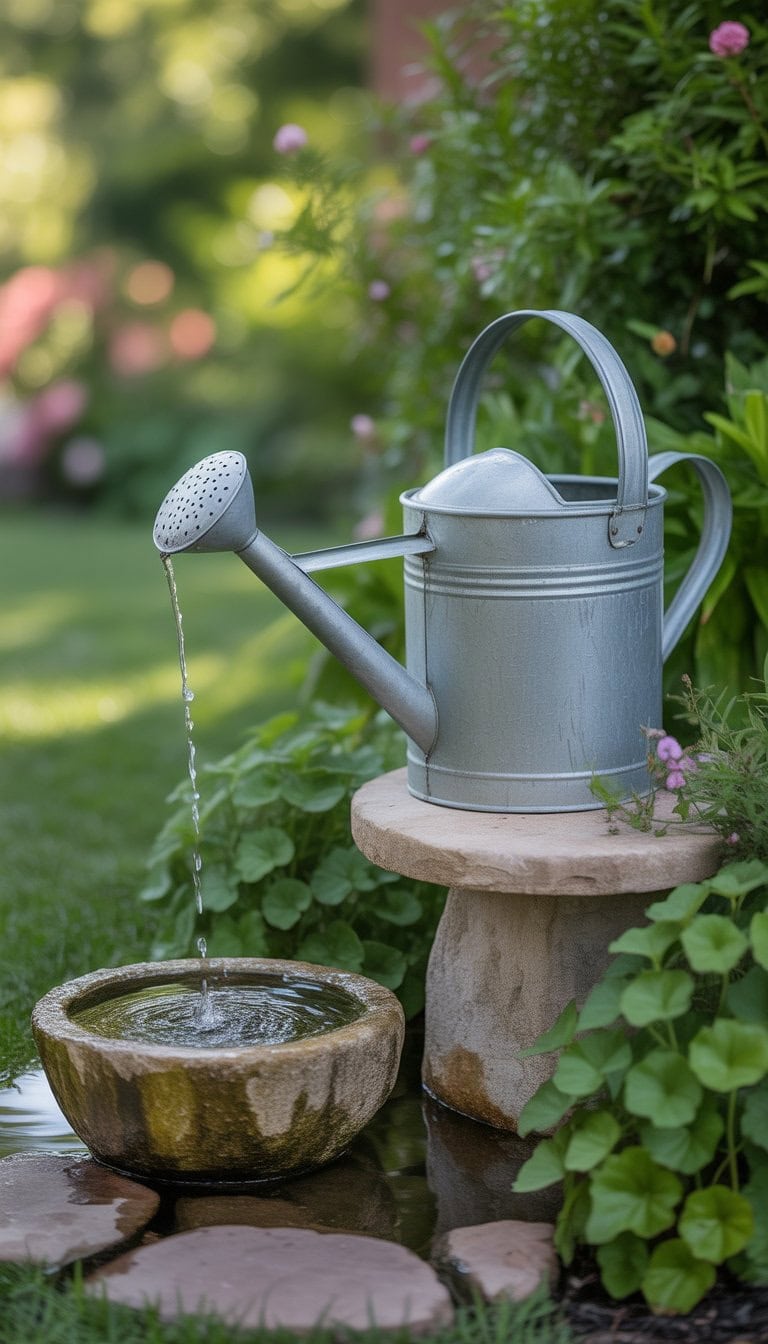 A vintage metal watering can used as a garden fountain with water flowing into a stone basin surrounded by green plants and flowers.