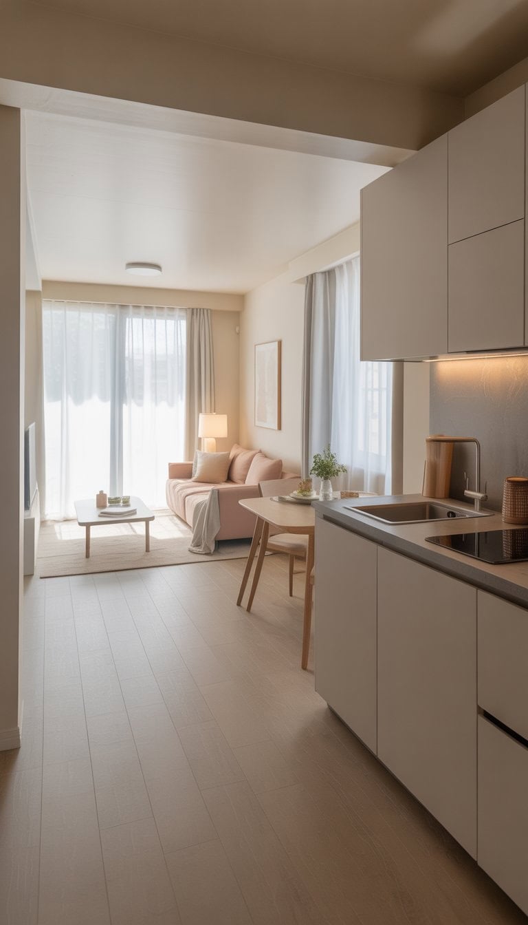 A bright and spacious studio apartment with light-colored furniture, large windows, and a compact living and kitchen area.