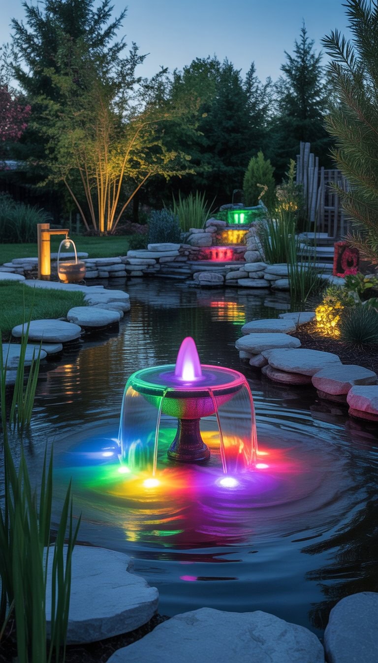 An outdoor pond with a color-changing LED fountain light surrounded by stones and plants during twilight.