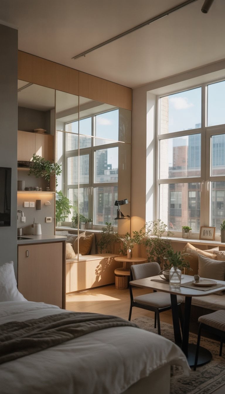 A bright studio apartment with a large window and a wall mirror opposite it reflecting natural light, showing a compact living area with sofa, dining table, and kitchenette.