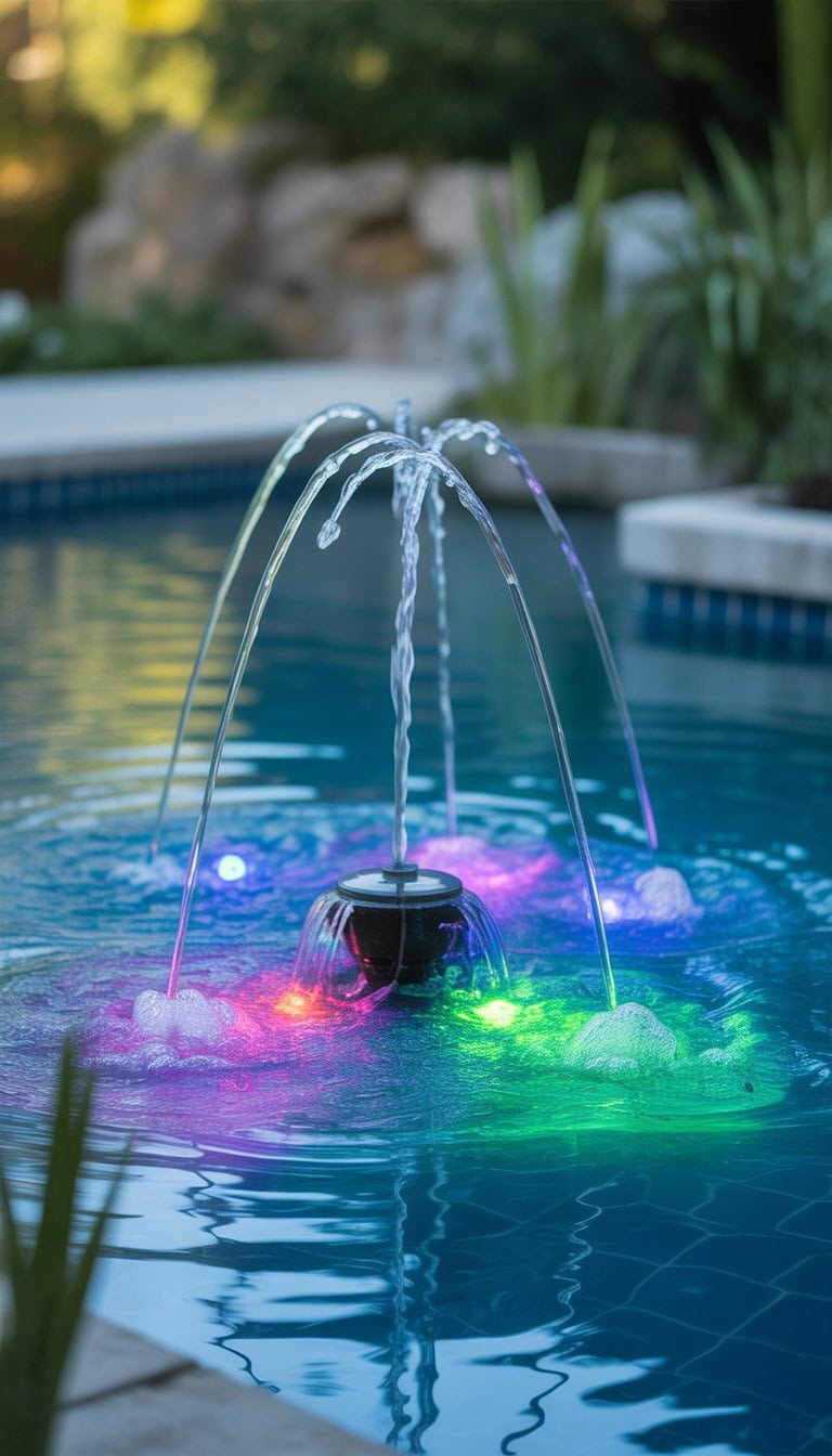 Underwater fountain with colorful illuminated water jets in a clear pool surrounded by natural stone and plants.