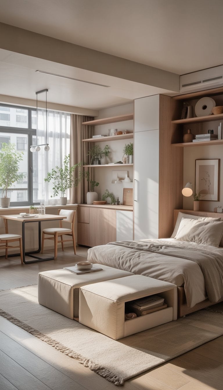 A studio apartment with a storage ottoman, bed, dining table, and plants in a bright, organized space.