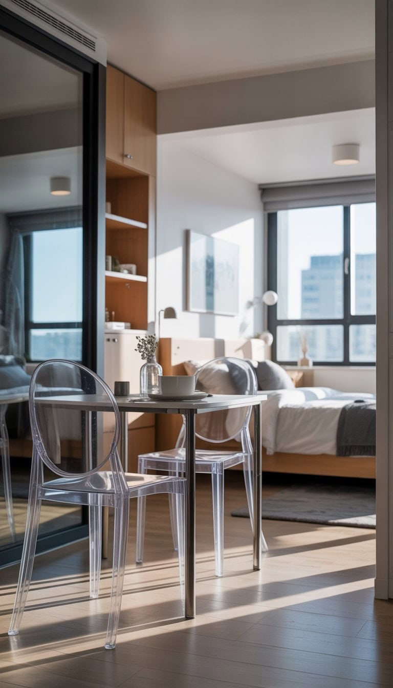 A bright studio apartment with clear acrylic chairs around a small dining table, a bed, and large windows letting in natural light.