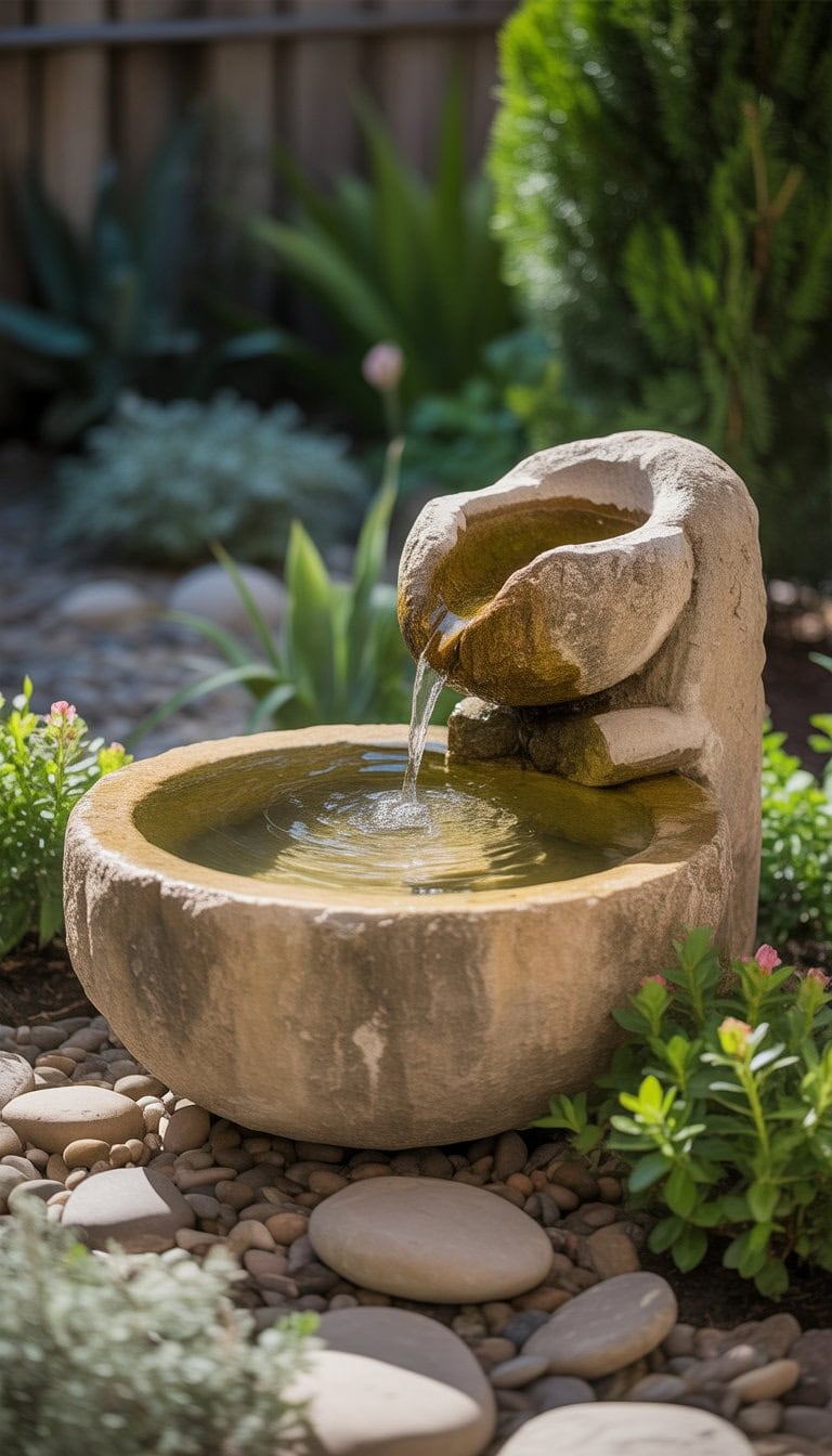 A rustic stone basin fountain with water flowing into it, surrounded by green plants and rocks in a garden.