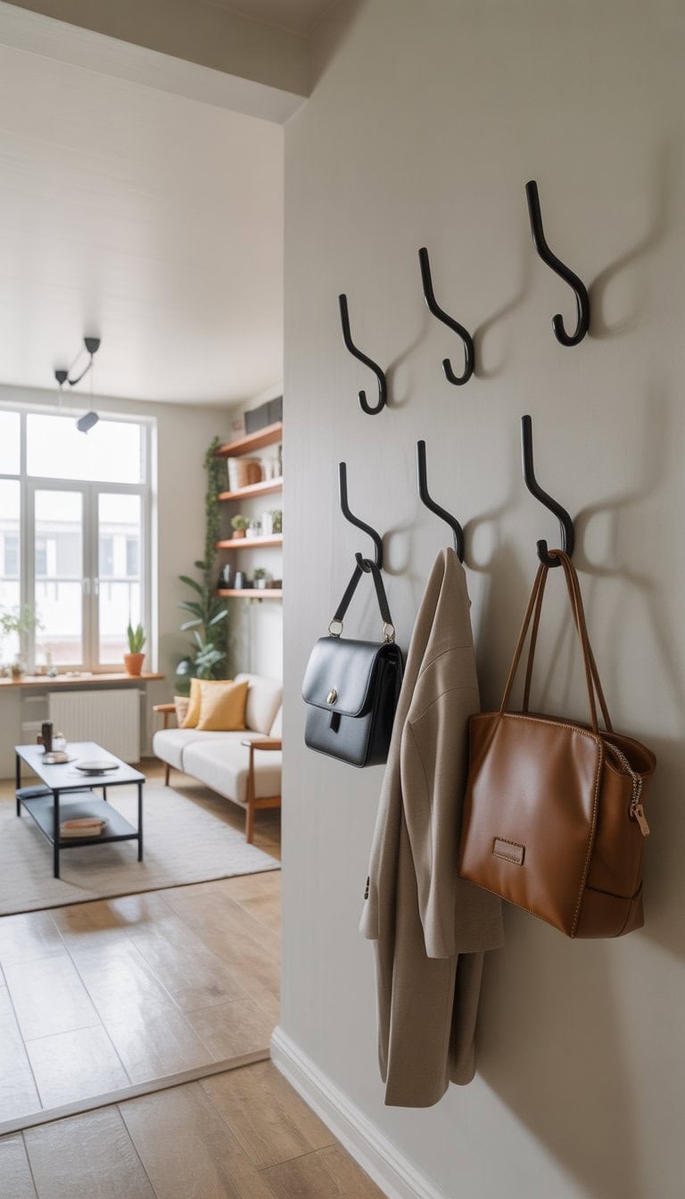 Studio apartment interior with hooks on the wall holding bags and coats, next to a small living area with a sofa and shelving.