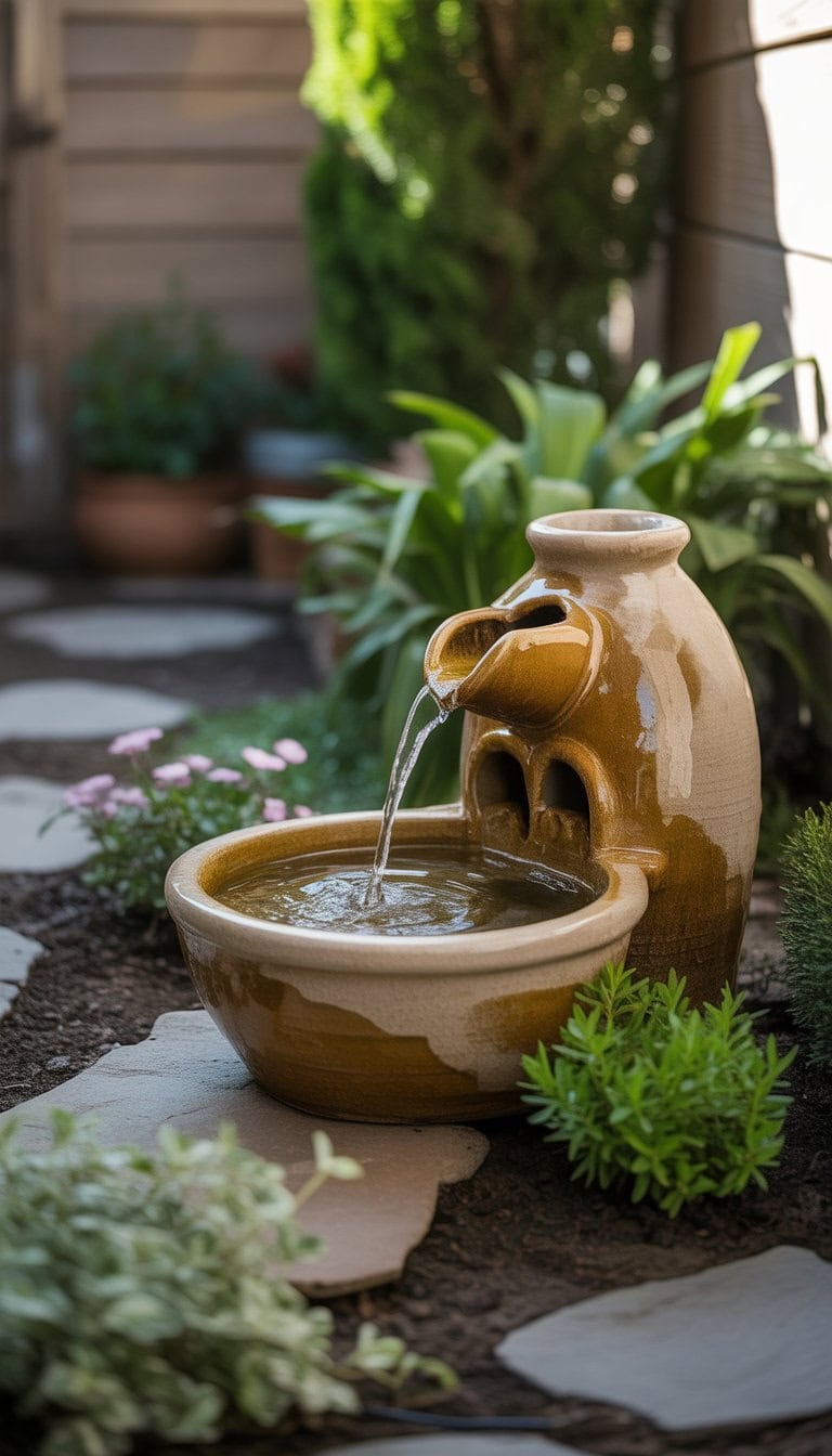 Small backyard with a ceramic water fountain surrounded by plants and natural stone.