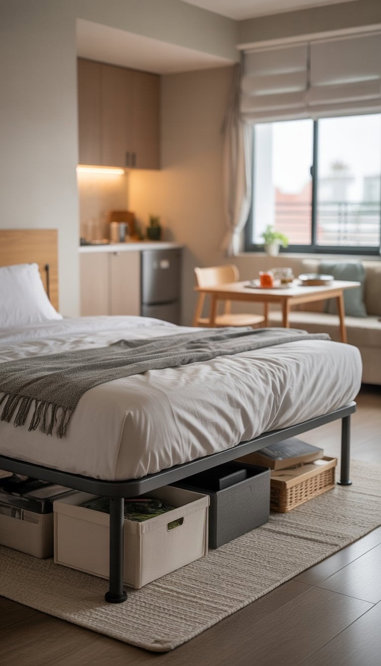 A compact studio apartment with a bed elevated on risers, showing organized storage boxes underneath and a small kitchenette in the background.