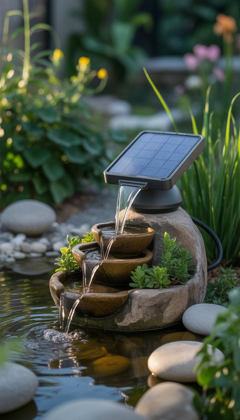 A portable solar water fountain flowing water over rocks surrounded by green plants and flowers in a garden.