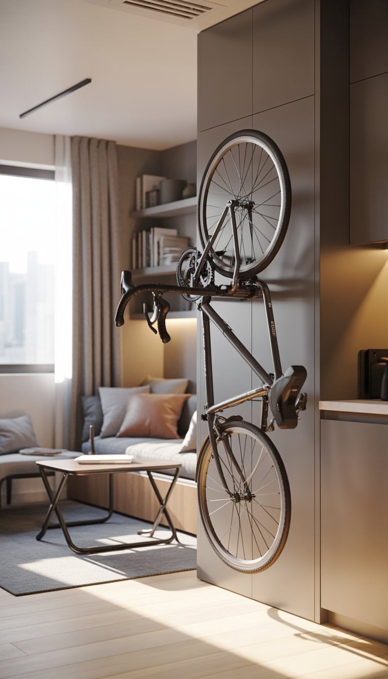A compact studio apartment with a vertical bike rack holding a bicycle, multifunctional furniture, and smart storage solutions in a well-lit space.