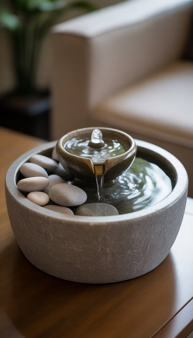 Mini tabletop water fountain with smooth pebbles and flowing water on a small stone basin.