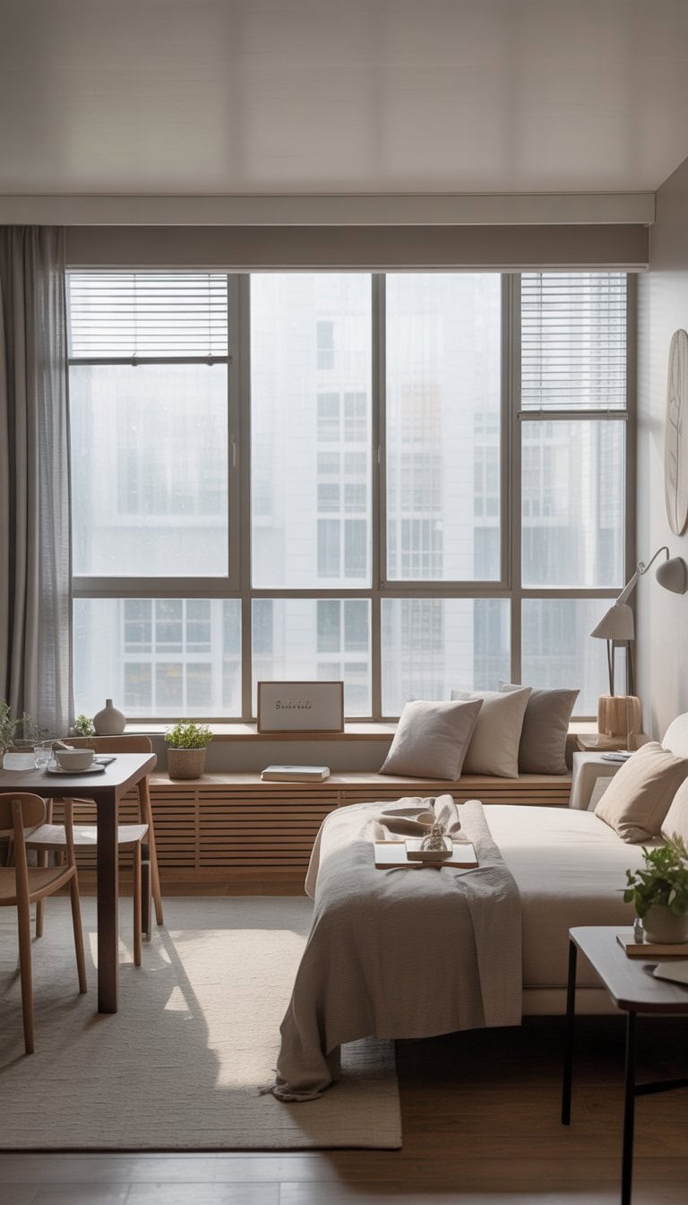 Bright studio apartment with large windows, minimal window treatments, and space-saving furniture.