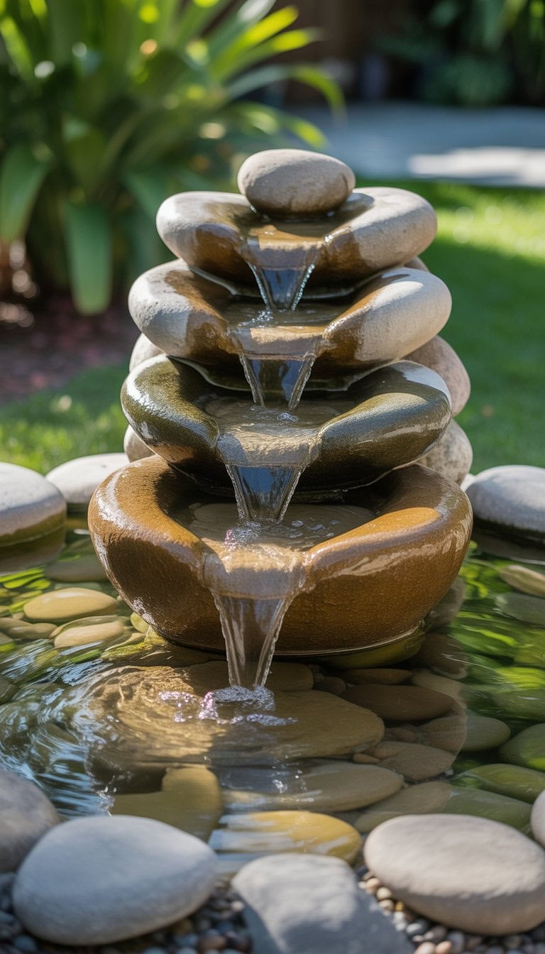 Outdoor river rock water fountain with flowing water surrounded by green plants in a garden.