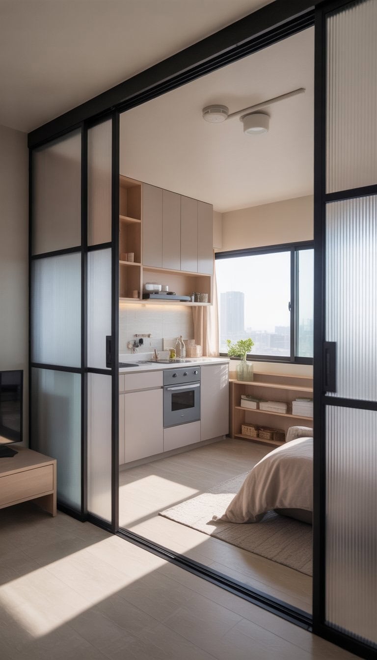 A studio apartment with sliding doors separating the sleeping area from the living space, featuring a compact kitchen and natural light.