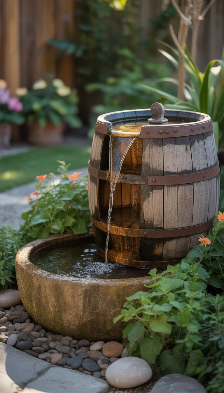 A rustic wooden barrel water fountain in a garden with water flowing into a stone basin surrounded by plants and flowers.