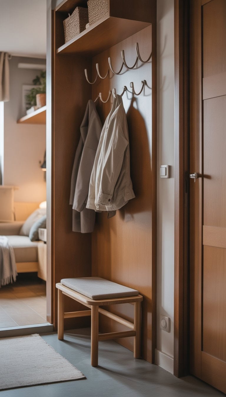A small entryway with a wooden bench and hooks holding coats and bags in a studio apartment.