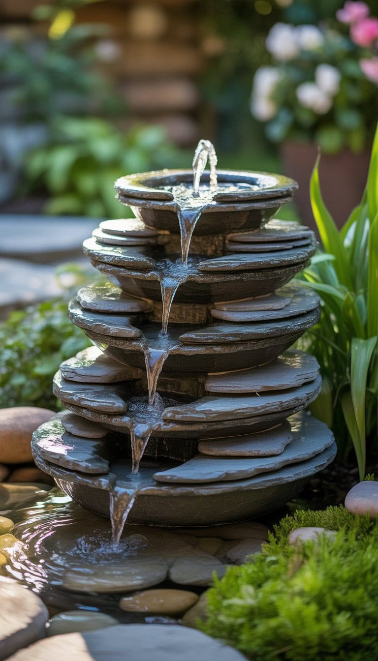 A stacked slate stone water fountain with water flowing down multiple tiers surrounded by green plants and flowers in a garden.