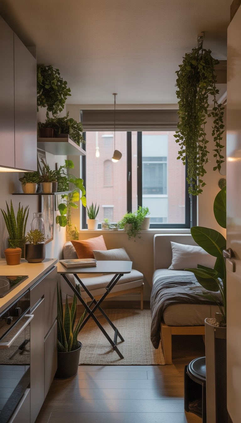A compact studio apartment with a small living area, kitchenette, sleeping nook, and various green plants placed on shelves and corners to add life without taking up much space.