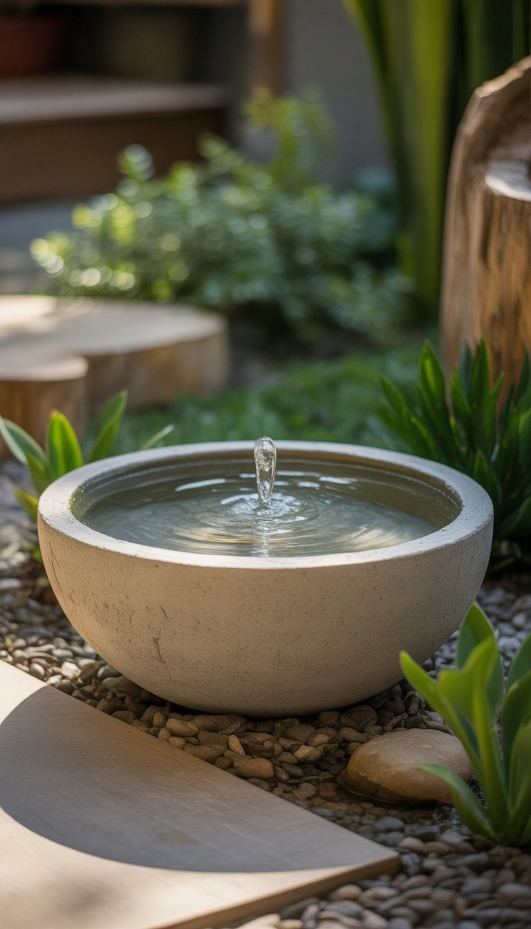 A concrete bowl water fountain outdoors surrounded by green plants and rocks with water gently flowing over the edges.