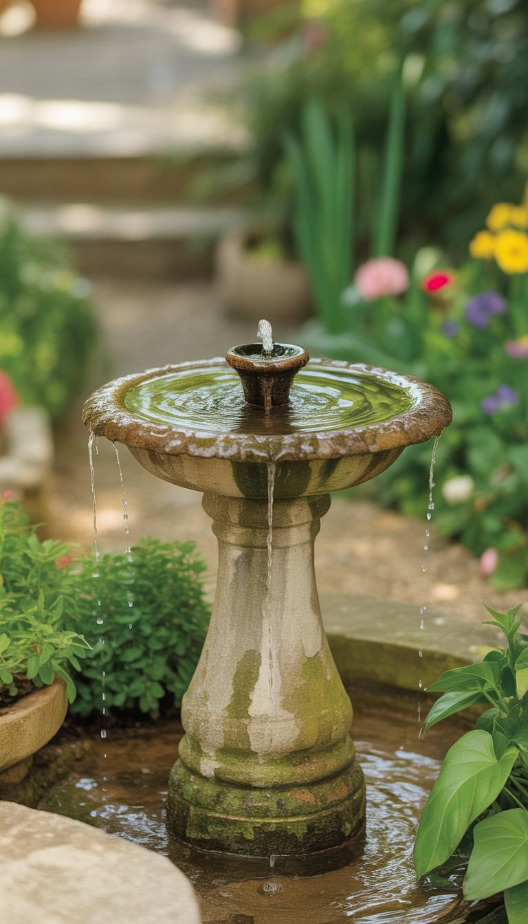 An old stone birdbath fountain surrounded by green plants and flowers in a garden with water gently flowing from its basin.