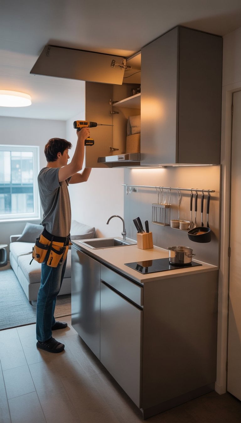 A person installing overhead cabinets in a compact kitchen area of a studio apartment.