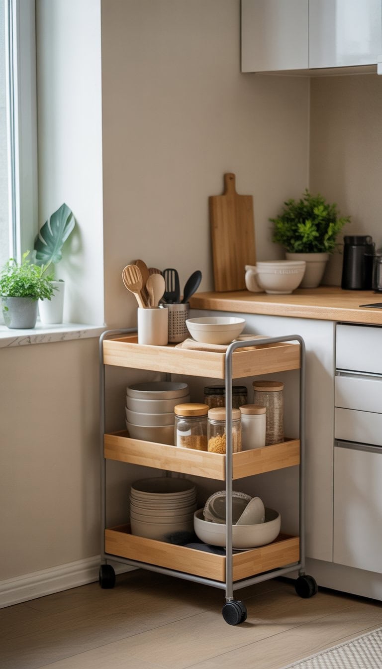 A studio apartment kitchen corner with a rolling cart holding kitchen items and natural light coming through a nearby window.