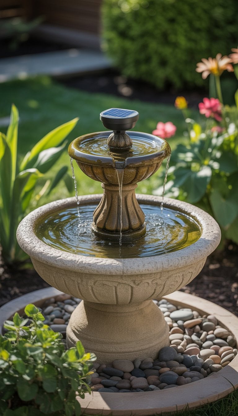 A garden fountain with water flowing from a stone structure surrounded by plants and flowers.