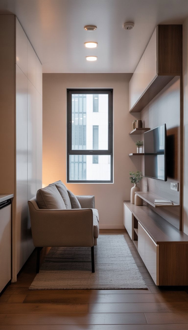 A small loveseat facing a TV wall in a compact studio apartment living area.