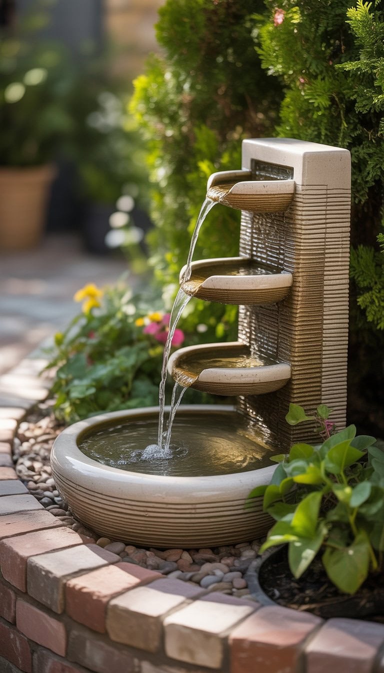 A compact garden wall fountain with water flowing down into a small basin surrounded by plants and flowers.